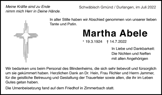 Traueranzeige von Martha Abele von Gmünder Tagespost