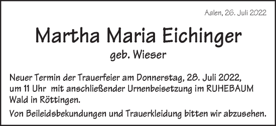Traueranzeige von Martha Maria Eichinger von Schwäbische Post