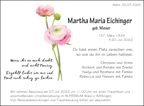 Traueranzeige von Martha Maria Eichinger von Schwäbische Post