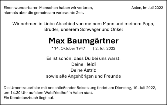 Traueranzeige von Max Baumgärtner von Schwäbische Post
