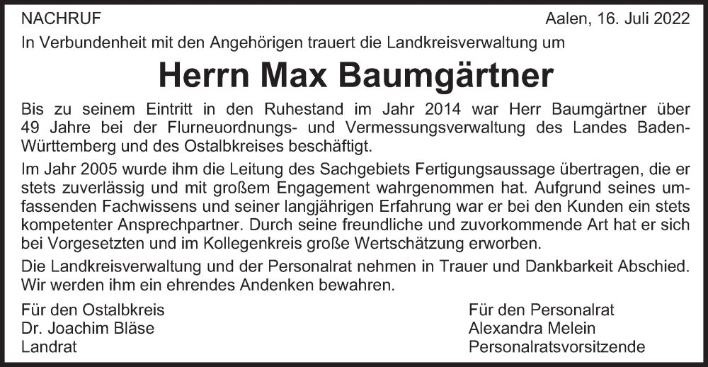  Traueranzeige für Max Baumgärtner vom 16.07.2022 aus Schwäbische Post