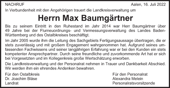 Traueranzeige von Max Baumgärtner von Schwäbische Post