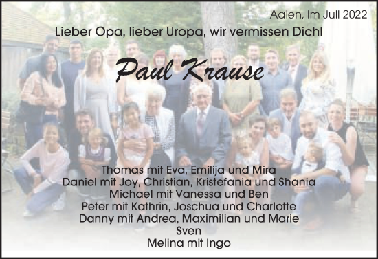 Traueranzeige von Paul Krause  von Schwäbische Post