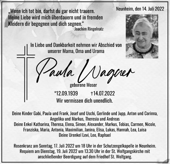 Traueranzeige von Paulula Wagnener von Schwäbische Post