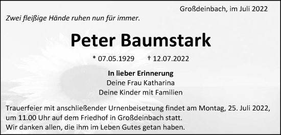 Traueranzeige von Peter Baumstark von Gmünder Tagespost