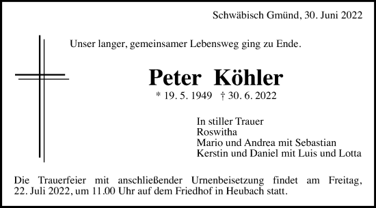 Traueranzeige von Peter Köhler