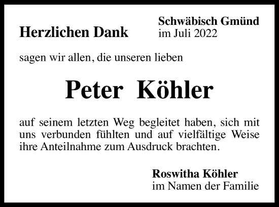 Traueranzeige von Peter Köhler