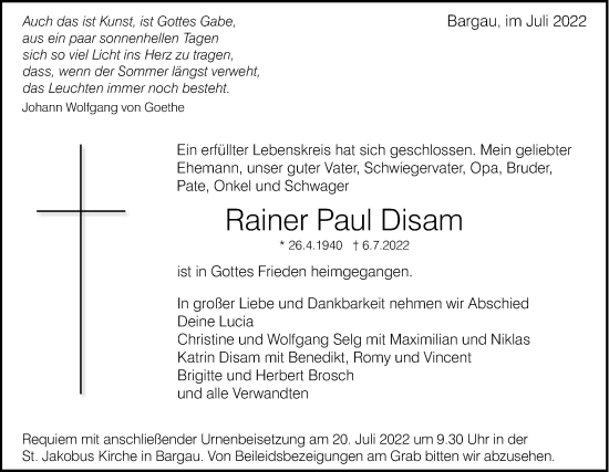 Traueranzeige von Rainer Paul Disam von Gmünder Tagespost