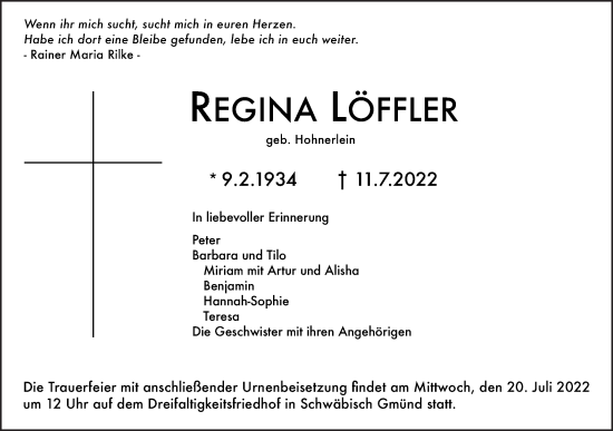 Traueranzeige von Regina Löffler von Gmünder Tagespost