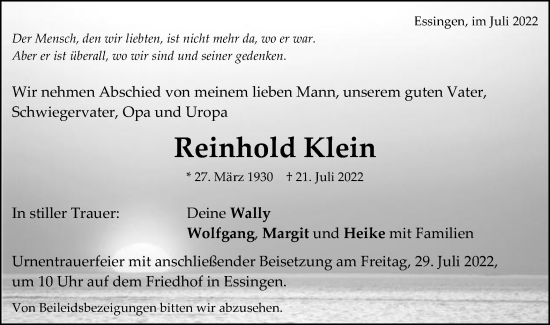 Traueranzeige von Reinhold Klein von Schwäbische Post