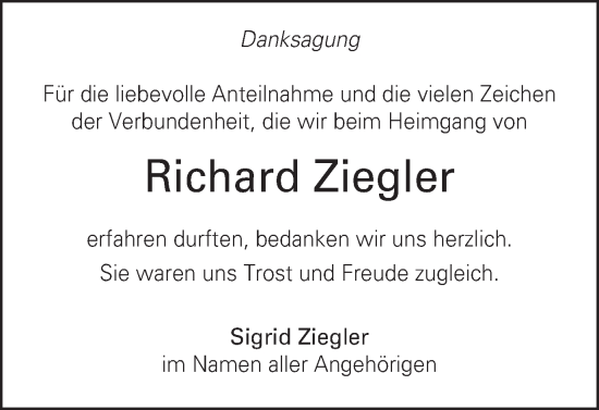 Traueranzeige von Richard Ziegler von Schwäbische Post