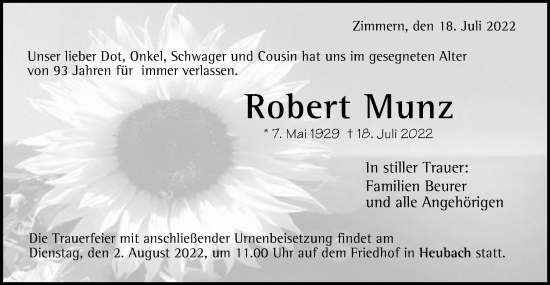 Traueranzeige von Robert Munz von Gmünder Tagespost