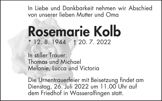 Traueranzeige von Rosemarie Kolb von Schwäbische Post
