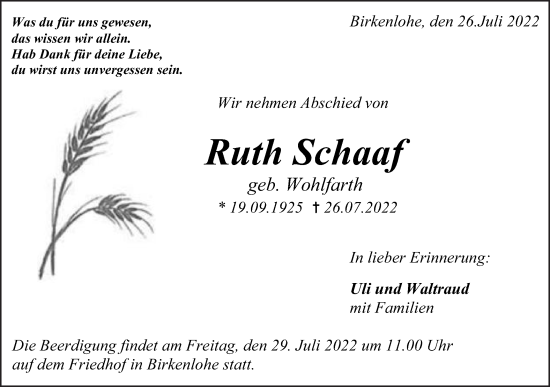 Traueranzeige von Ruth Schaaf von Gmünder Tagespost