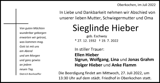 Traueranzeige von Sieglinde Hieber von Schwäbische Post