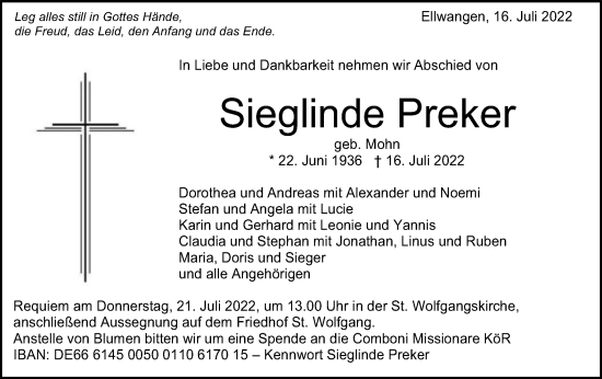 Traueranzeige von Sieglinde Preker von Schwäbische Post