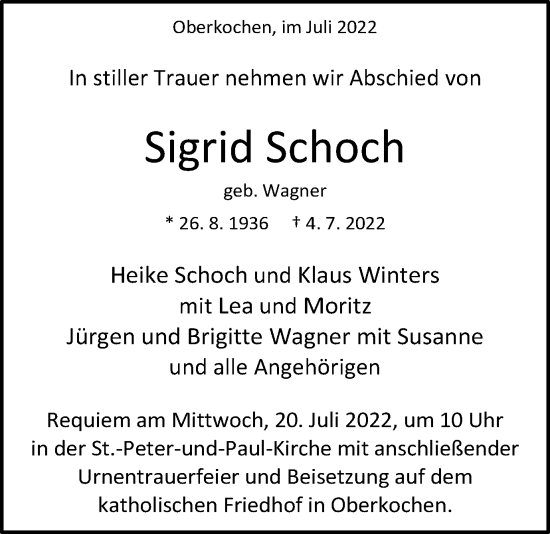 Traueranzeige von Sigrid Schoch von Amtsblatt_Oko