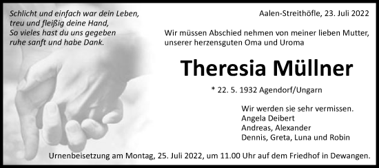 Traueranzeige von Theresia Müllner von Schwäbische Post