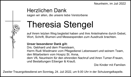 Traueranzeige von Theresia Stengel von Schwäbische Post