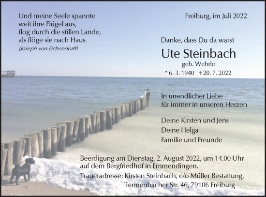 Traueranzeige von Ute Steinbach von Gmünder Tagespost