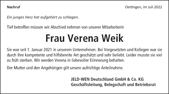 Traueranzeige von Verena Weik von Schwäbische Post