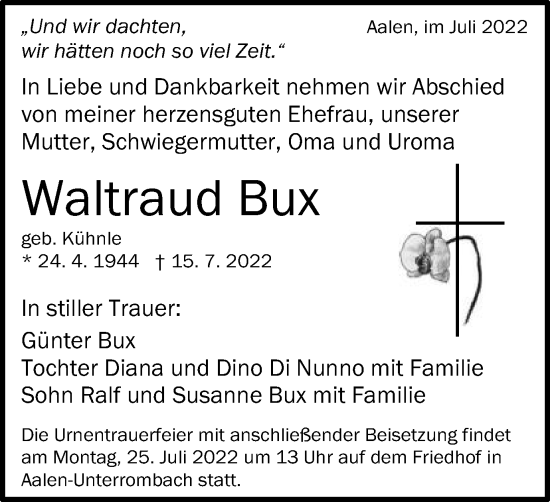 Traueranzeige von Waltraud Bux von Schwäbische Post