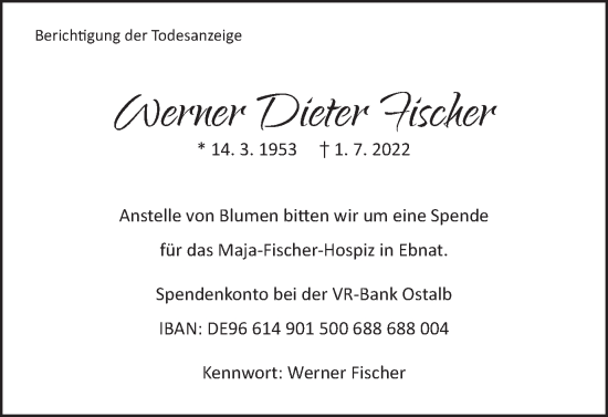 Traueranzeige von Werner Dieter Fischer von Schwäbische Post