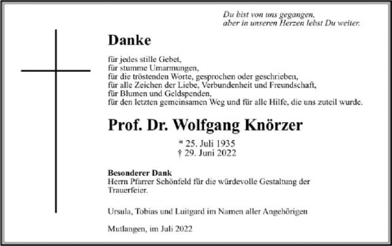 Traueranzeige von Wolfgang Knörzer von Gmünder Tagespost