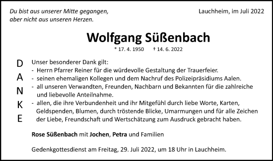 Traueranzeige von Wolfgang Süßenbach von Schwäbische Post