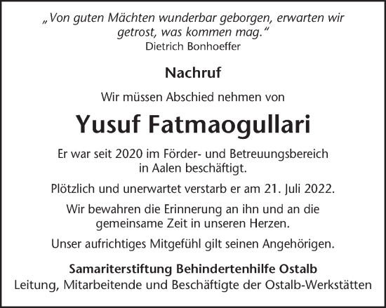 Traueranzeige von Yusuf Fatmaogullari von Schwäbische Post