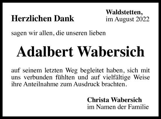 Traueranzeige von Adalbert Wabersich von Gmünder Tagespost