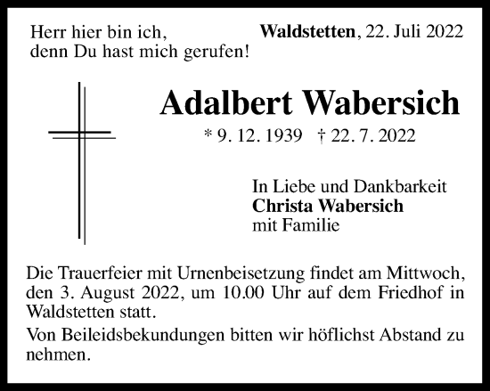 Traueranzeige von Adalbert Wabersich von Gmünder Tagespost