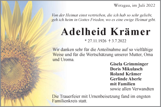 Traueranzeige von Adelheid Krämer von Gmünder Tagespost