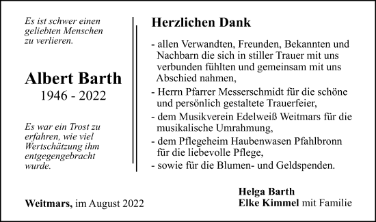 Traueranzeige von Albert Barth von Gmünder Tagespost