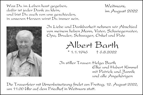 Traueranzeige von Albert Barth von Gmünder Tagespost