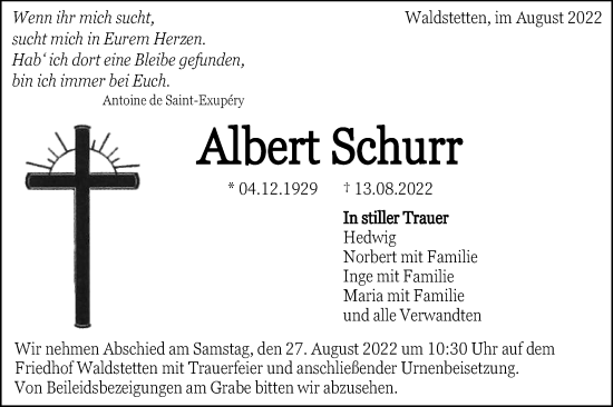 Traueranzeige von Albert Schurr von Gmünder Tagespost
