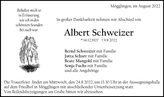 Traueranzeige von Albert Schweizer von Gmünder Tagespost