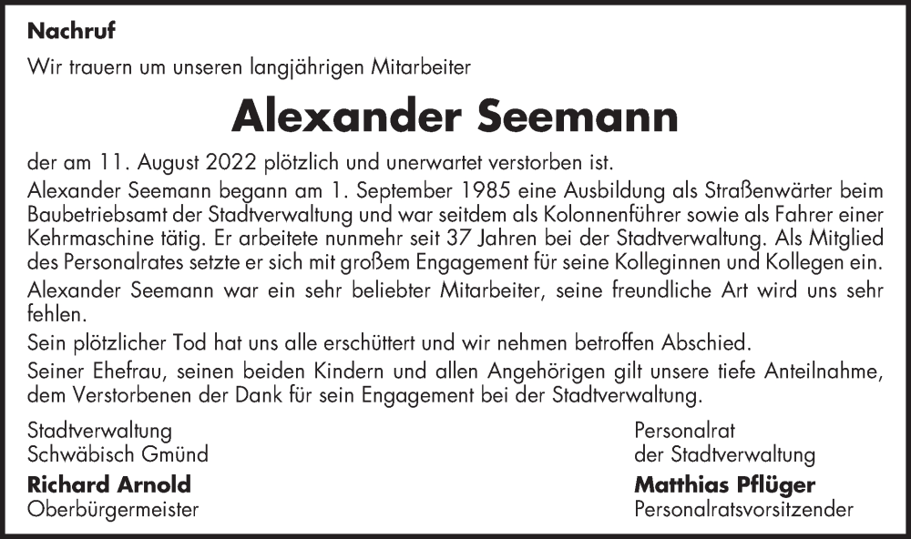  Traueranzeige für Alexander Seemann vom 17.08.2022 aus Gmünder Tagespost