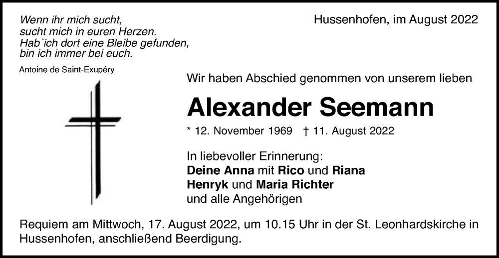  Traueranzeige für Alexander Seemann vom 15.08.2022 aus Gmünder Tagespost
