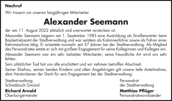 Traueranzeige von Alexander Seemann von Gmünder Tagespost