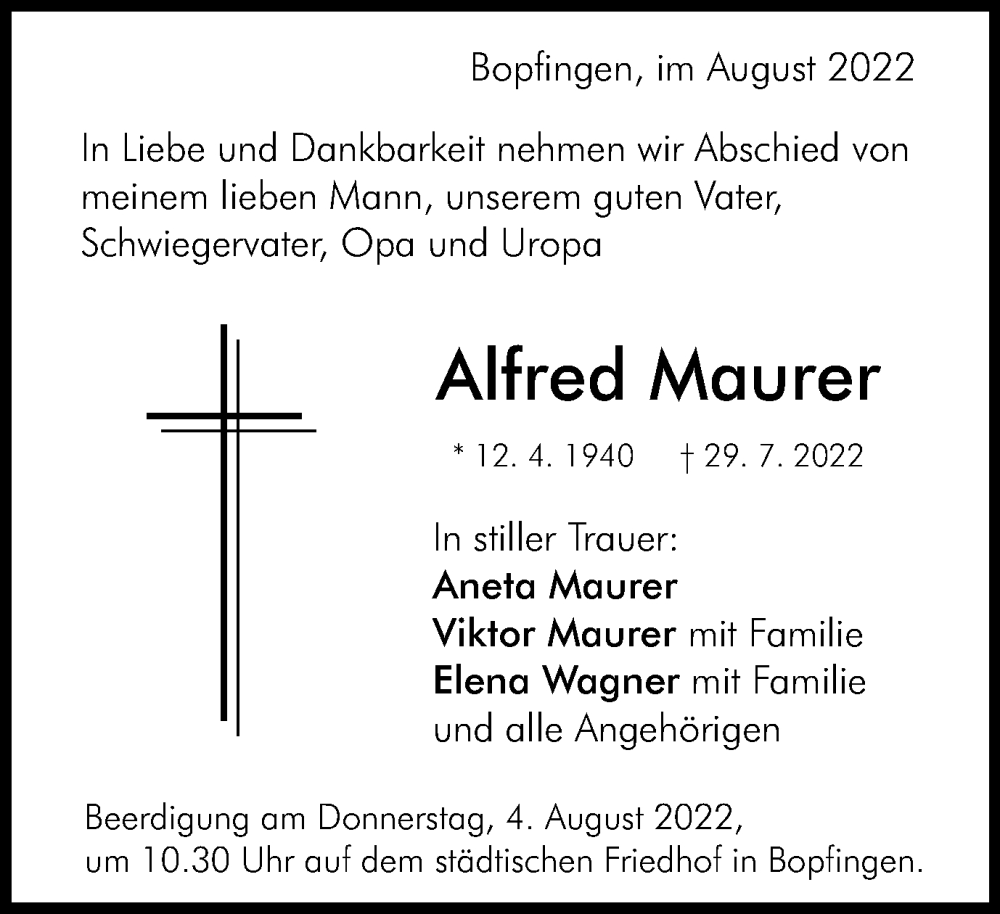 Traueranzeige für Alfred Maurer vom 01.08.2022 aus Schwäbische Post