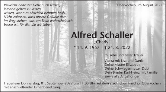Traueranzeige von Alfred Schaller von Schwäbische Post