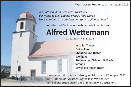 Traueranzeige von Alfred Wettemann von Schwäbische Post