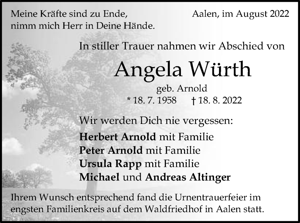  Traueranzeige für Angela Würth vom 30.08.2022 aus Schwäbische Post