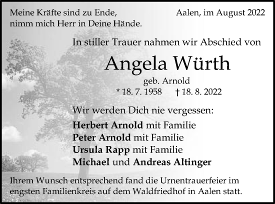 Traueranzeige von Angela Würth von Schwäbische Post
