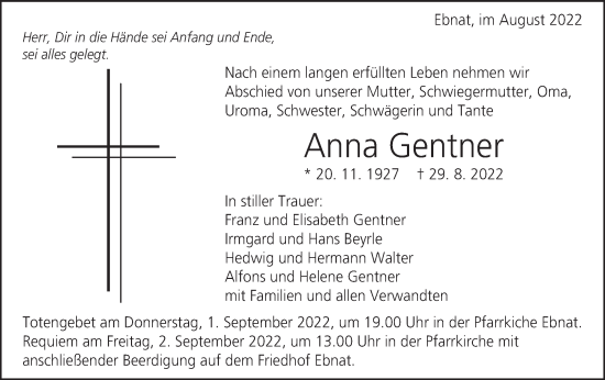 Traueranzeige von Anna Gentner von Schwäbische Post