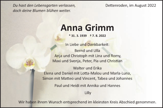 Traueranzeige von Anna Grimm von Schwäbische Post