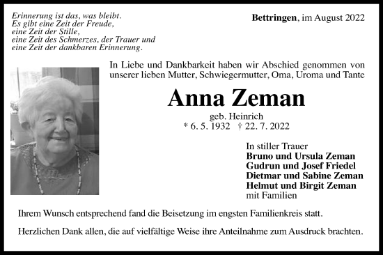 Traueranzeige von Anna Zeman von Gmünder Tagespost