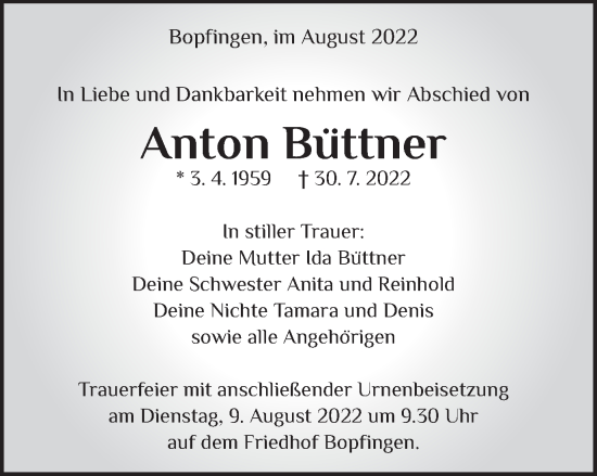 Traueranzeige von Anton Büttner von Schwäbische Post