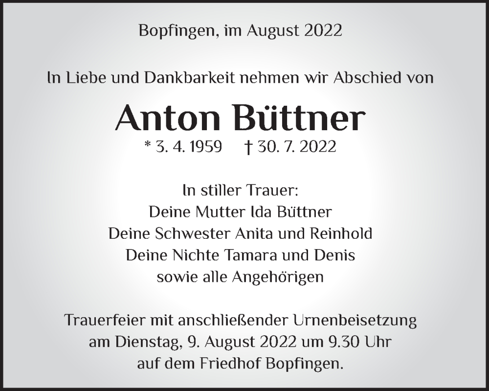  Traueranzeige für Anton Büttner vom 04.08.2022 aus Schwäbische Post